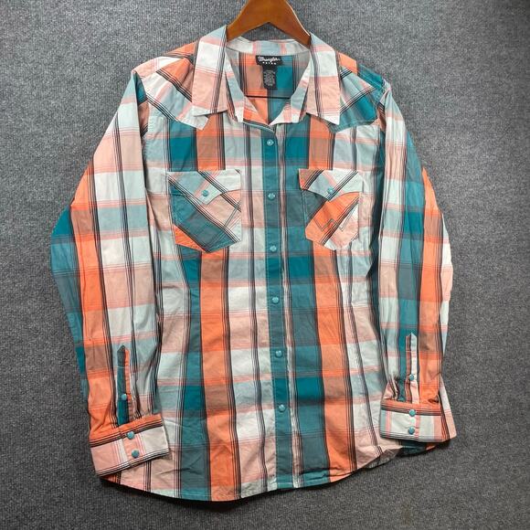 Wrangler Retro Pearl Snap Western Shirt Men's XXL Orange/Green Plaid Cowboy - Picture 4 of 12